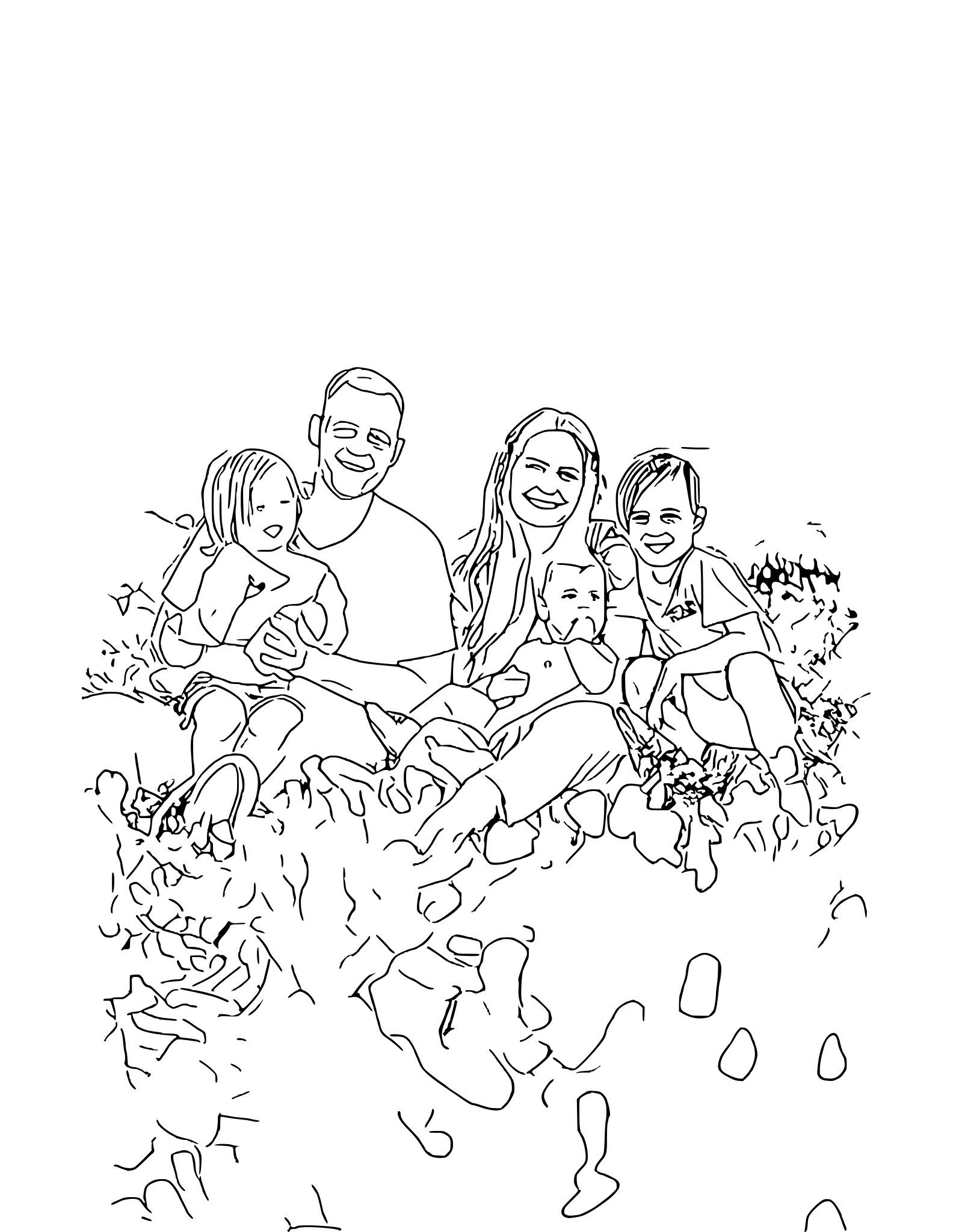 family photo in a field of orange flowers coloring page
